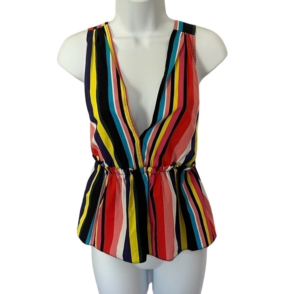 Asos women’s multicolor striped Cotton sleeveless peplum deep v neck top size 2